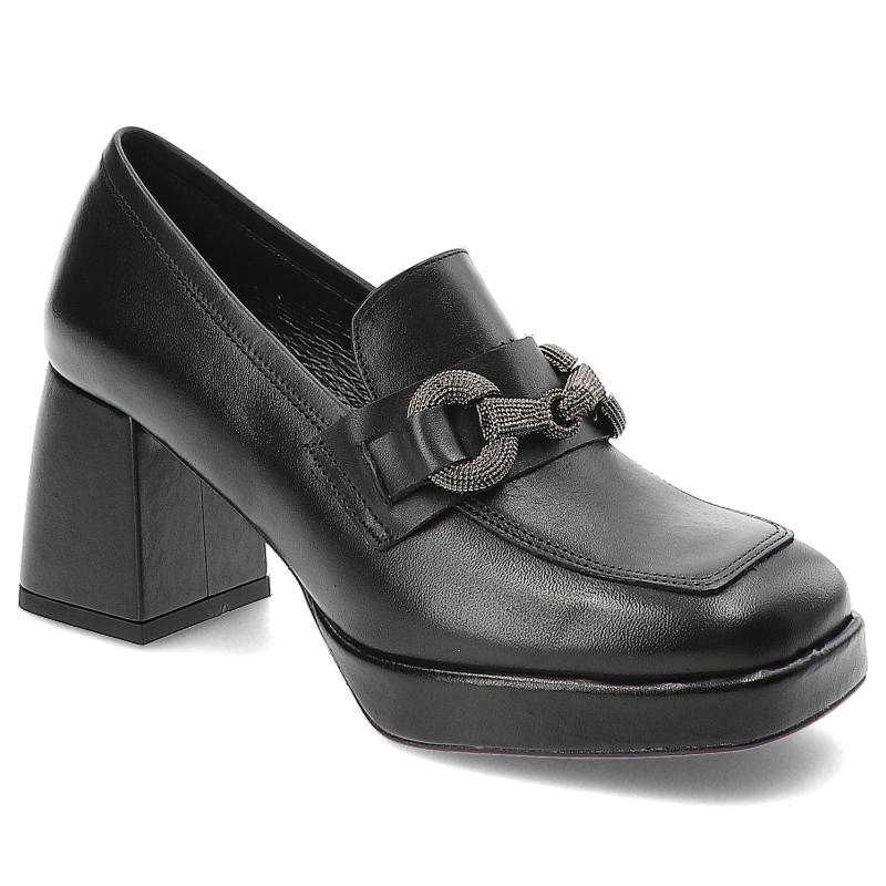 Czarne Półbuty Karino Eleganckie Skórzane Buty Na Obcasie