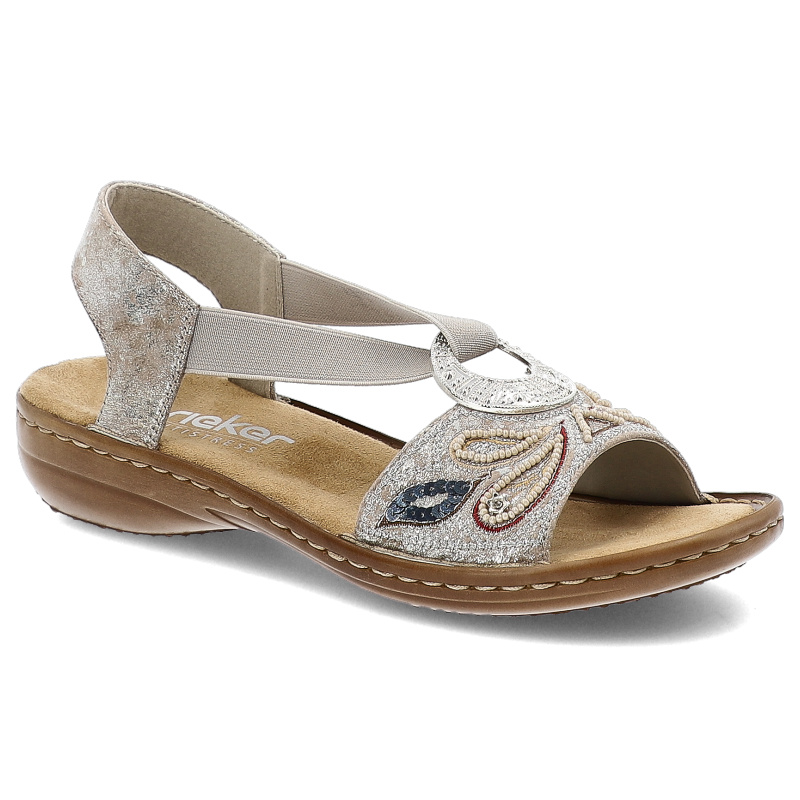 Srebrne Sandały Rieker Wsuwne Obuwie Damskie Z Eleganckimi Dodatkami