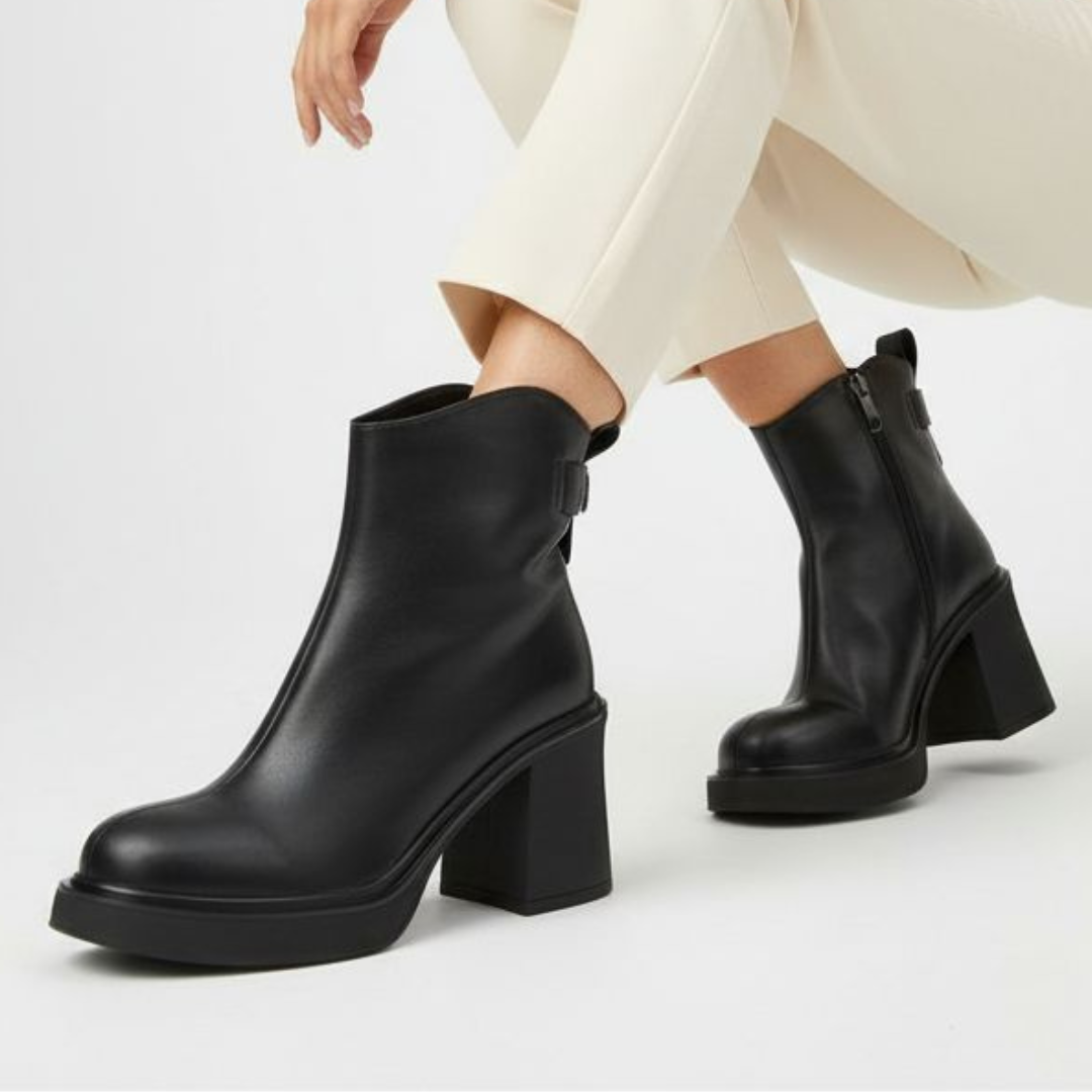 Botki damskie Cambell, klasyczne ze skóry naturalnej na klocku i zapinane na zamek, czarne, 25-98301BK