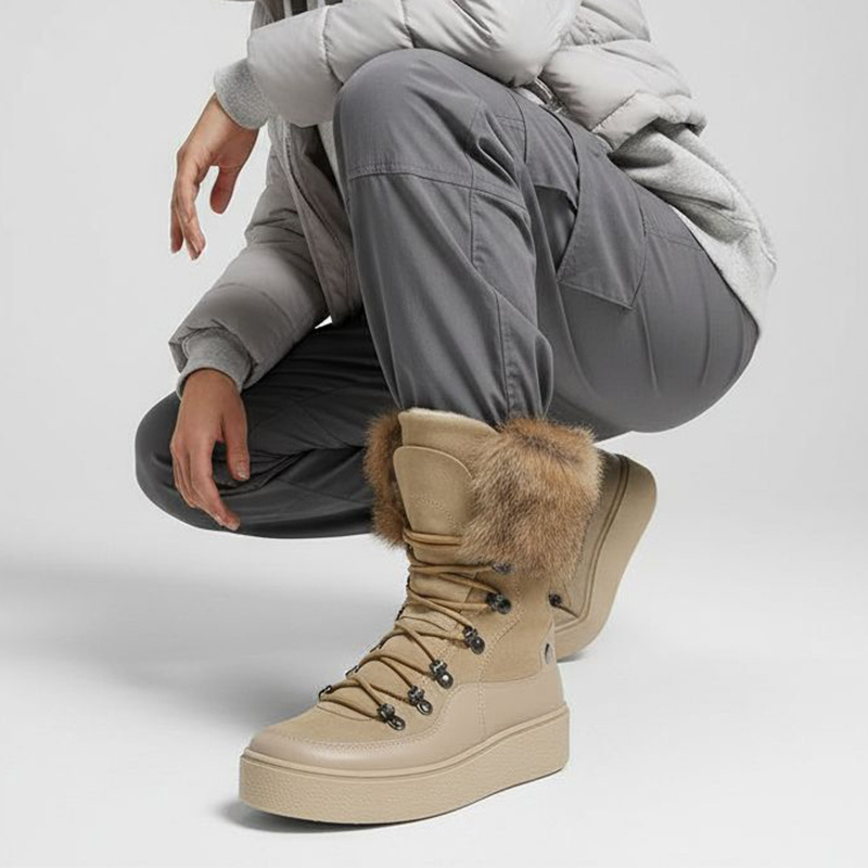 Beżowe Botki Armodo Ocieplane Obuwie Damskie Z Naturalnym Futrem Z Królika