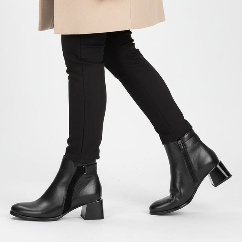 Botki damskie Armodo, skórzane na obcasie za kostkę z okrągłym noskiem i na zamek, czarne, 60563-S