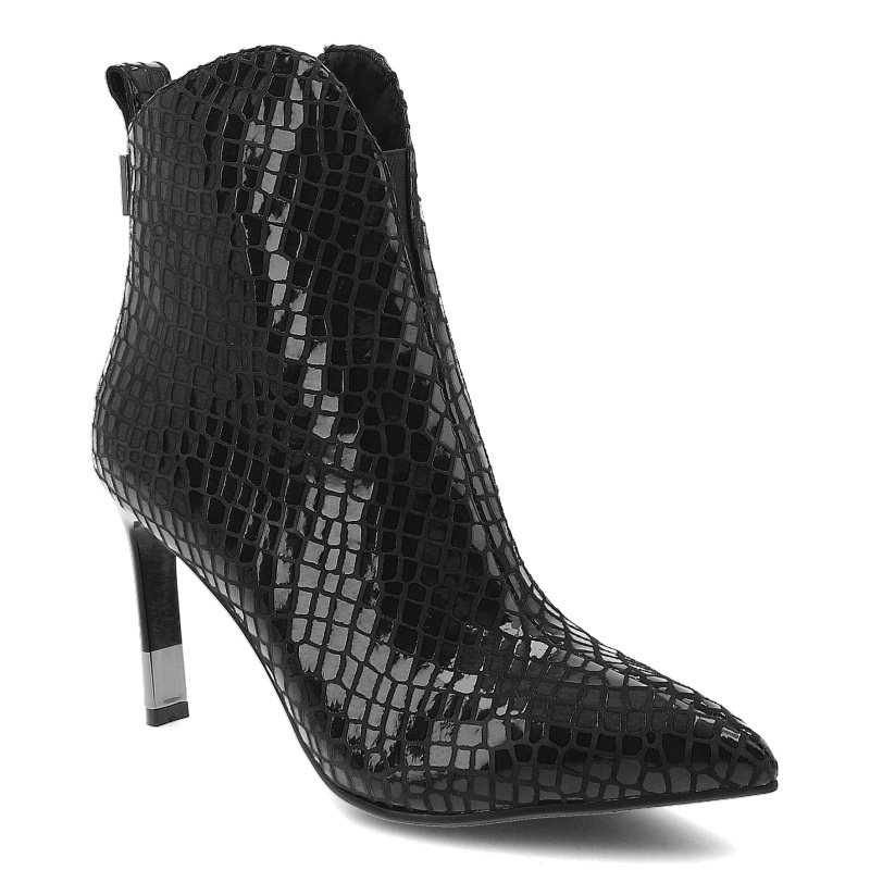 Botki damskie S. Barski, na szpilce z noskiem w szpic skórzane na zamek i za kostkę, czarne, CR52-705