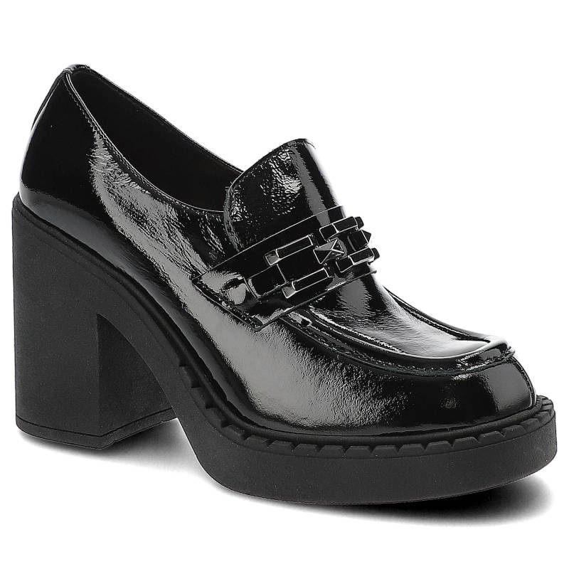 Półbuty damskie Lemar, naturalna skóra lakierowana wsuwane na stabilnym obcasie, naplak czarny, 20116