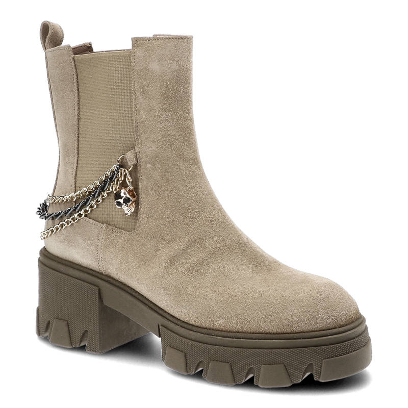 Botki damskie Carinii, naturalna skóra zamszowa masywna podeszwa z wyraźnym bieżnikiem ozdobny łańcuch, bez, B8483_-O17-000-000-F56