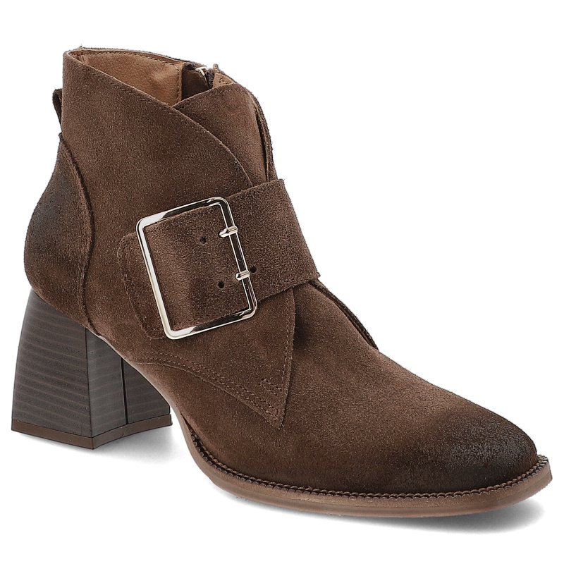 Botki damskie Armodo, skórzane na klocku eleganckie i na zamek, brązowe welur, 1668