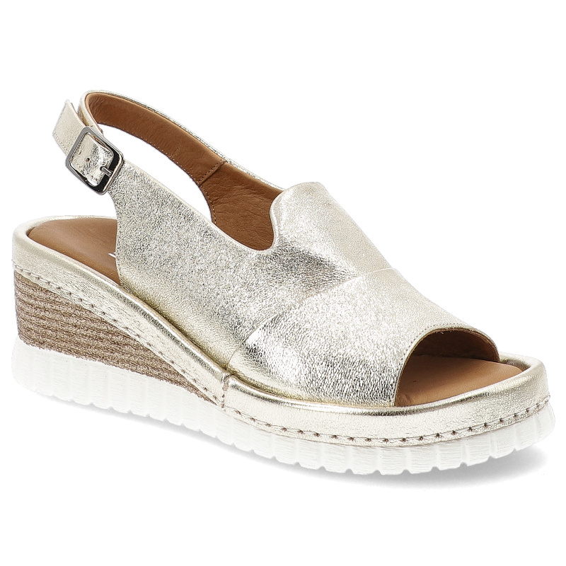 Sandały damskie Artiker, na koturnie ze skóry naturalnej ze sprzączką lekkie i wygodne, złote, 56C0920