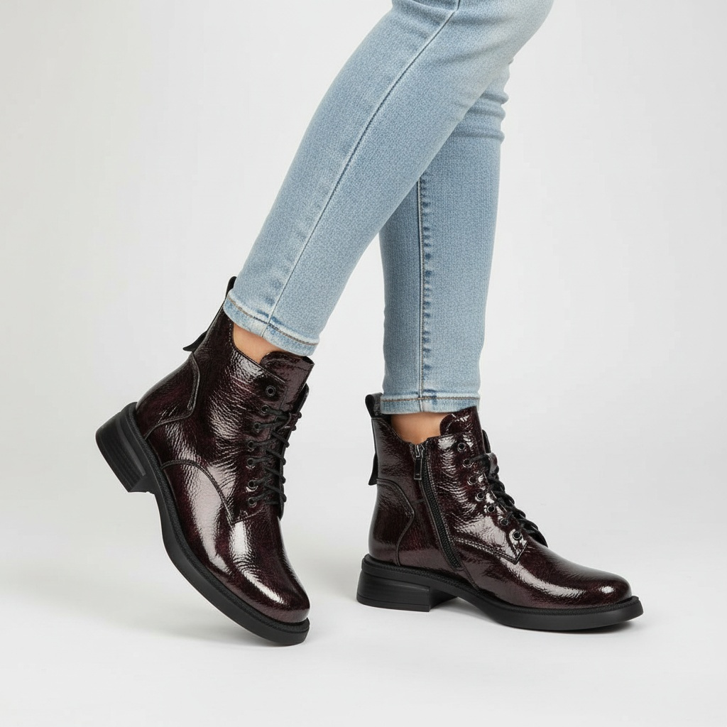 Botki damskie S. Barski, lakierowane na płaskim obcasie ze skóry i zapinane na suwak, bordowe, LZ52-954