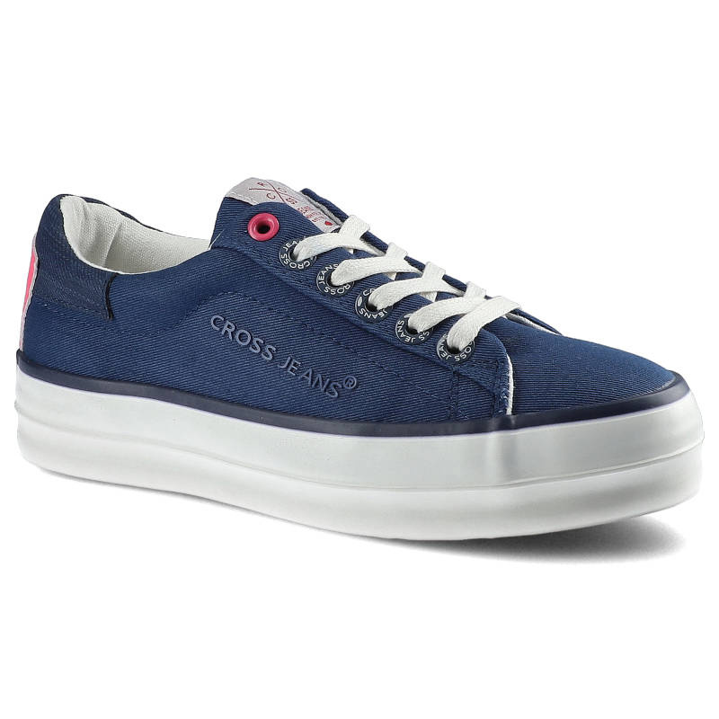 Trampki damskie Cross Jeans, z materiału tekstylnego o drobnym splocie z klasycznym sznurowaniem wzmocnioną strefą pięty oraz podwyższoną płaską pode