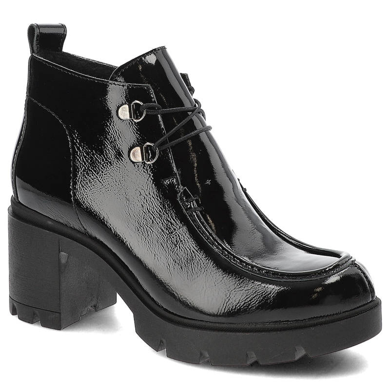 Botki damskie Lemar, na stabilnym obcasie wsuwane ze skóry naturalnej lakierowanej, czarne, 60393