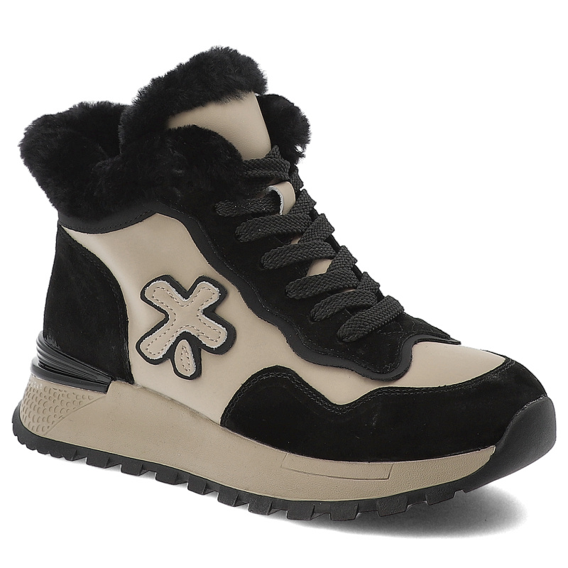 Botki damskie Artiker, ze skóry naturalnej z futerkiem wewnątrz na platformie z okrągłym noskiem i na zamek, czarno-beżowe, 55C0144