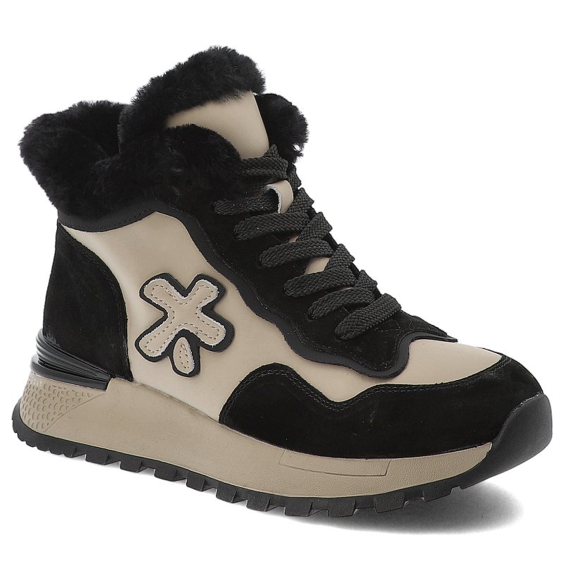 Botki damskie Artiker, ze skóry naturalnej z futerkiem wewnątrz na platformie z okrągłym noskiem i na zamek, czarno-beżowe, 55C0144