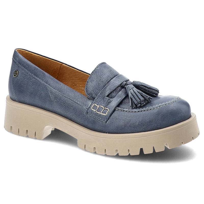 Półbuty damskie Maciejka, zamszowa cholewka o miękkiej strukturze dekoracyjne frędzle na podbiciu masywna podeszwa, granatowe, 05497-17-00-5