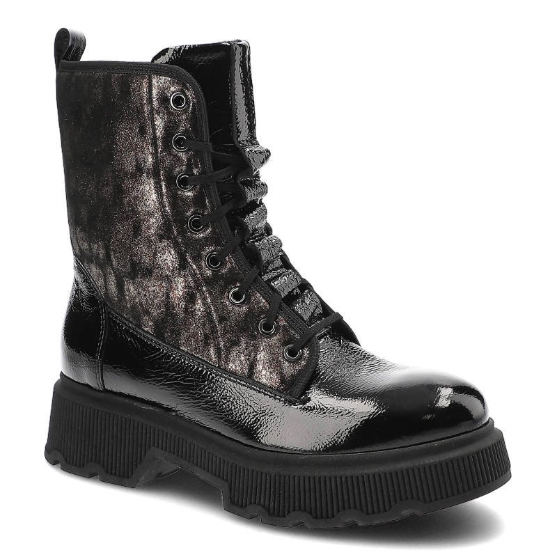 Trapery damskie Clasicco, naturalna skóra lakierowana z dodatkiem materiału filcowa wkładka ocieplane wnętrze, czarne, 2260-01AM-W2