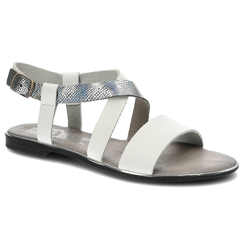 Sandały damskie Lemar, wykonane z materiału o gładkiej powierzchni z kontrastowym paskiem o fakturze skóry węża, białe srebrne, 40033 BF