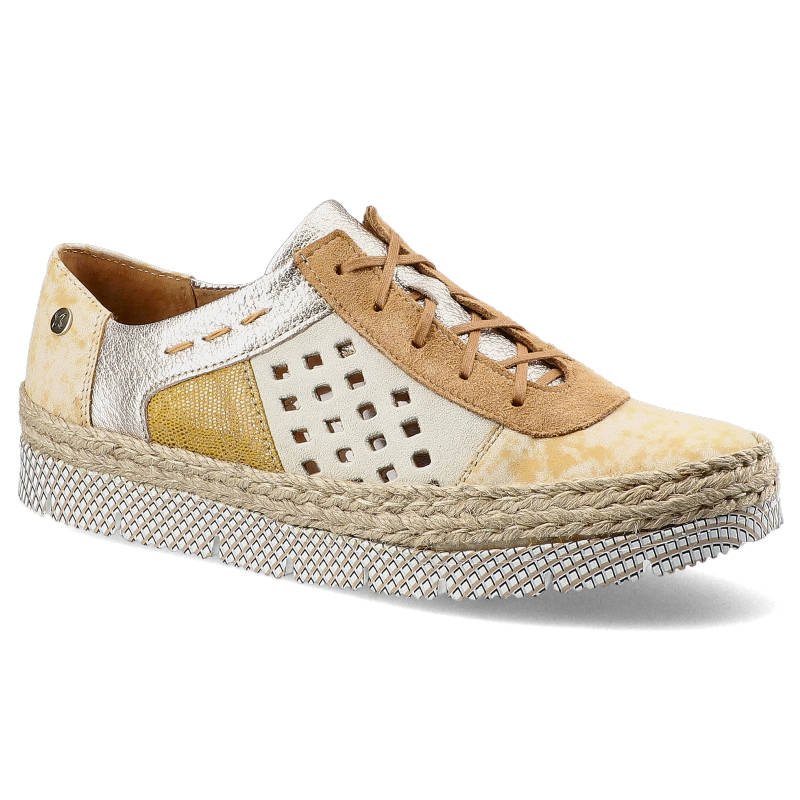 Półbuty damskie Maciejka, ze skórzaną cholewką łączącą różne faktury perforowanym panelem bocznym sznurowaniem oraz plecioną platformą, żółte, 03339-