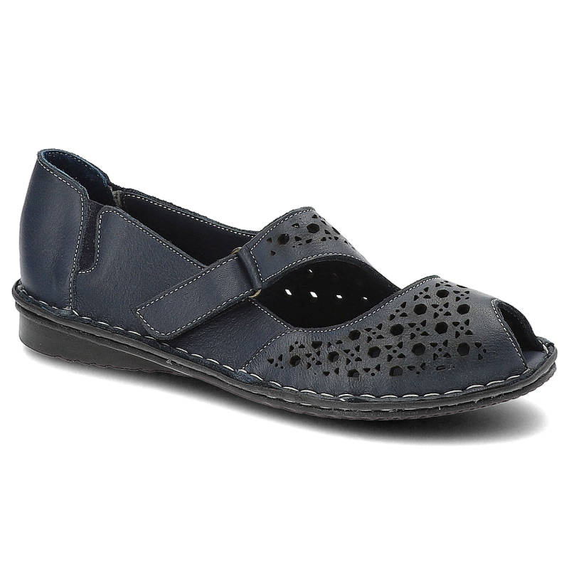 Półbuty damskie Lanqier, ażurowe z otwartymi palcami i zapinane na rzep, granatowe, 38C364