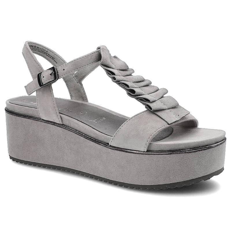 Sandały damskie Tamaris, naturalna skóra zamszowa z regulowanym paskiem na sprzączce szerokim paskiem z dekoracyjnymi zakładkami oraz grubą platformą