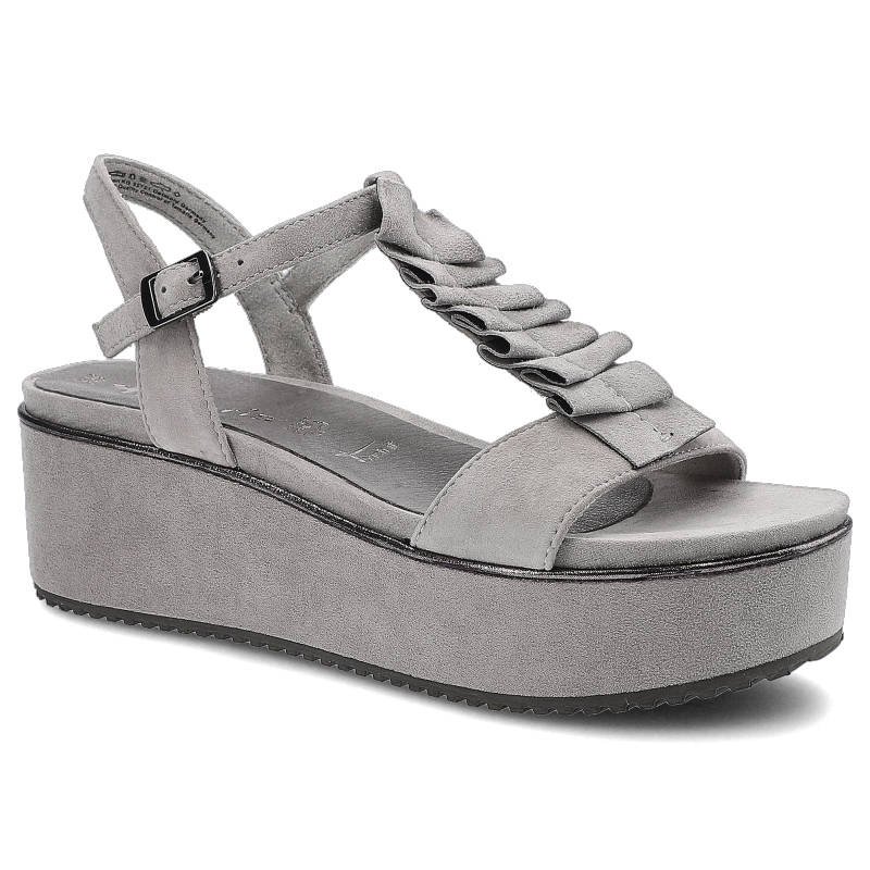 Sandały damskie Tamaris, naturalna skóra zamszowa z regulowanym paskiem na sprzączce szerokim paskiem z dekoracyjnymi zakładkami oraz grubą platformą