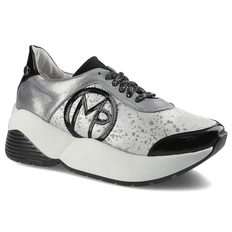 Sneakersy damskie Massimo Poli, ze skórzaną cholewką o tłoczonej fakturze wiązaniem na oczka metalową ozdobą i masywną elastyczną podeszwą, srebrno-c