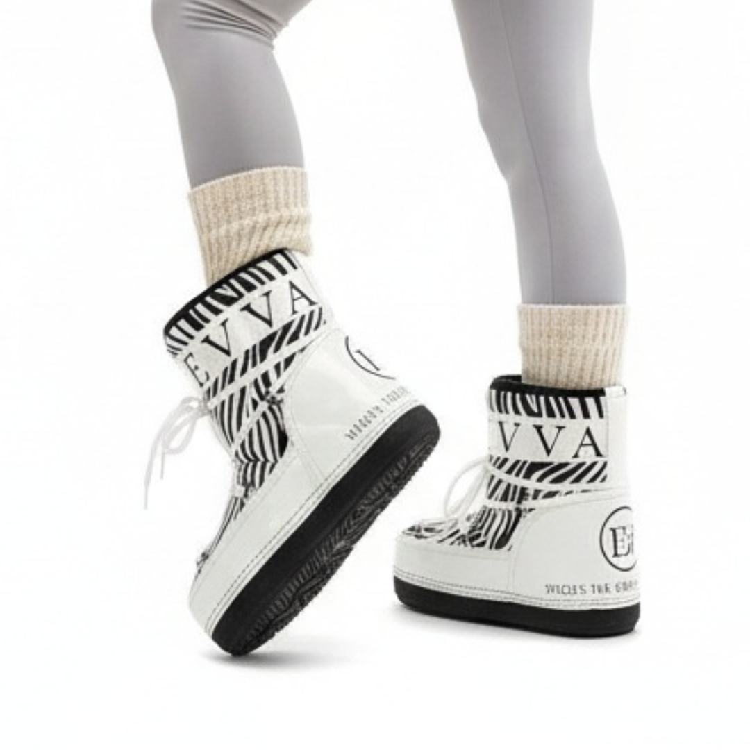 Śniegowce damskie Donna Fabiani, cholewka z materiału syntetycznego z kontrastowym nadrukiem i sznurowaniem oraz miękkim kołnierzem, zebra‑print, 143