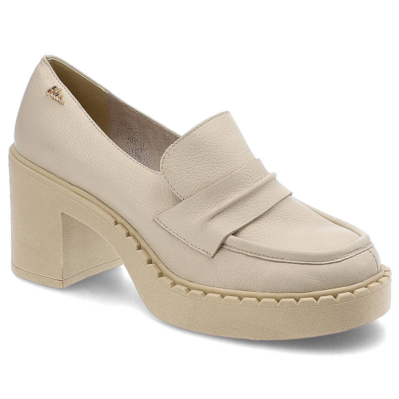 Półbuty damskie BLU, cholewka z licowej skóry naturalnej z paskiem na podbiciu i widocznymi przeszyciami stabilny obcas oraz gruba podeszwa z wyraźny