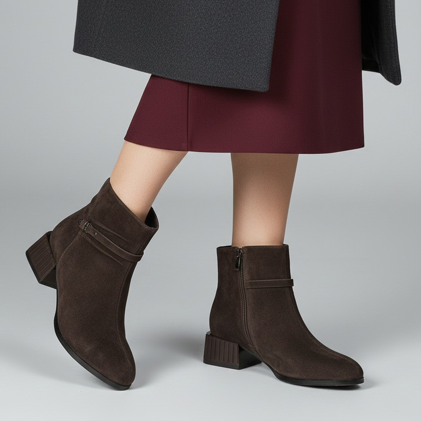 Botki damskie S. Barski, na klocku ze skóry i ocieplane z zapięciem na suwak, ciemnobrązowe, CR52-651