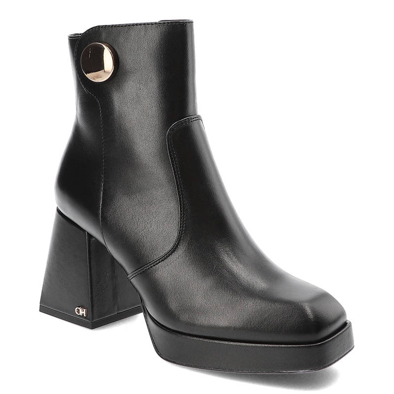 Czarne Botki Chebello Modne Skórzane Buty Na Obcasie