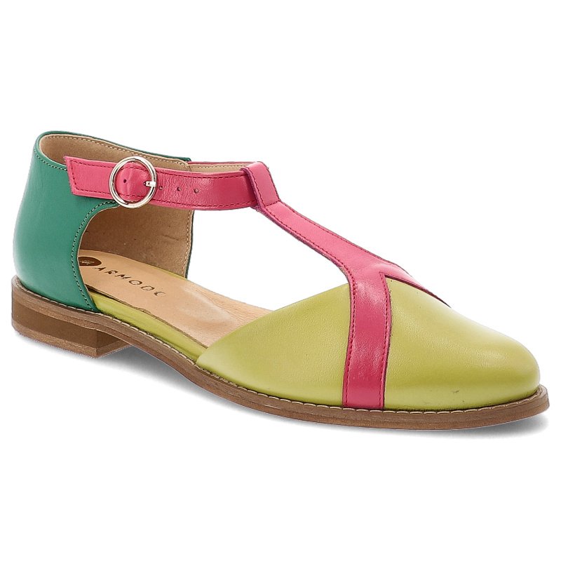 Sandały damskie Armodo, skórzane na płaskim obcasie zapinane sprzączką z zakrytą piętą, limonkowo-fuksjowe, 4245-35