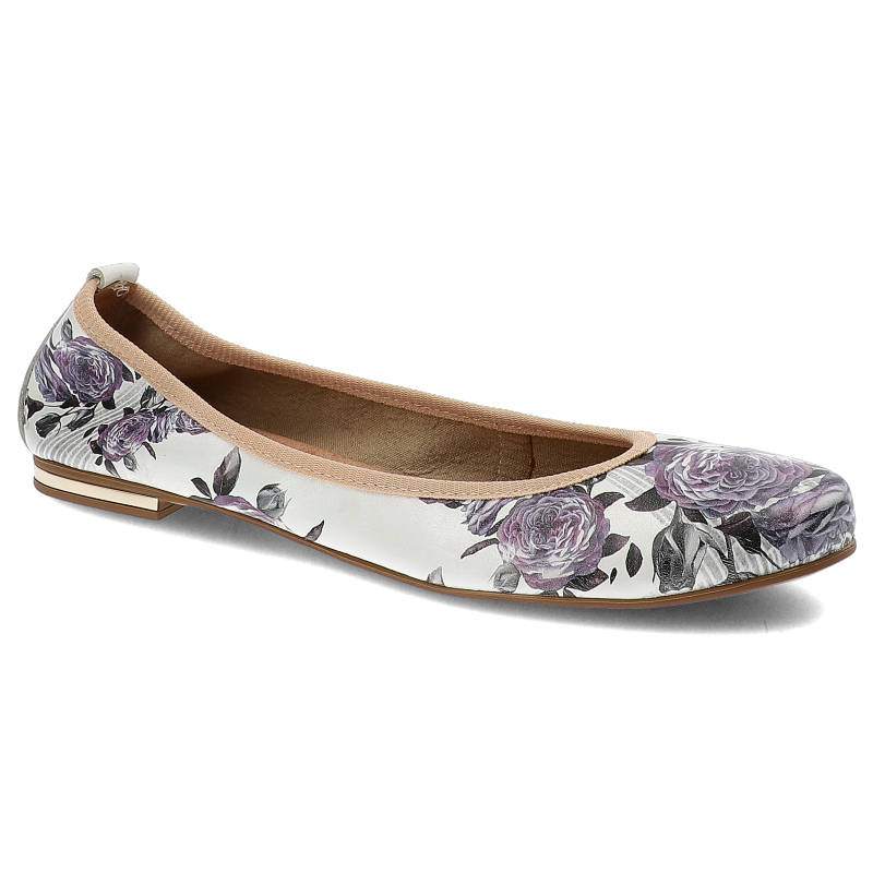 Baleriny damskie Laviano, wsuwane z cholewką w kwiaty i zaokrąglonym noskiem, białe fioletowe, 190