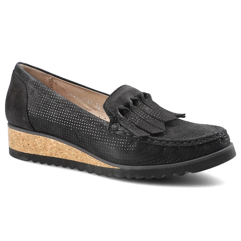 Półbuty damskie Simen, na niskiej koturnie i z ozdobnymi frędzlami na cholewce, czarne, 0769-S04-Perf-K-W-Nero