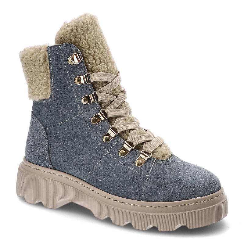 Botki damskie Kampa, cholewka ze skóry naturalnej wnętrze ocieplane i na płaskiej podeszwie, niebieski‑welur, Z538‑579‑560