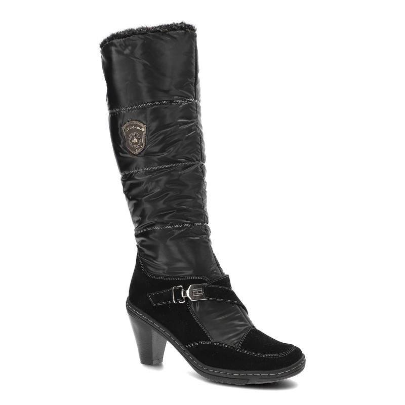 Śniegowce damskie Colorful, wysoka cholewka do kolana cholewka tekstylna pikowana z elementami zamszu stabilny obcas typu słupek pasek z klamrą lekko