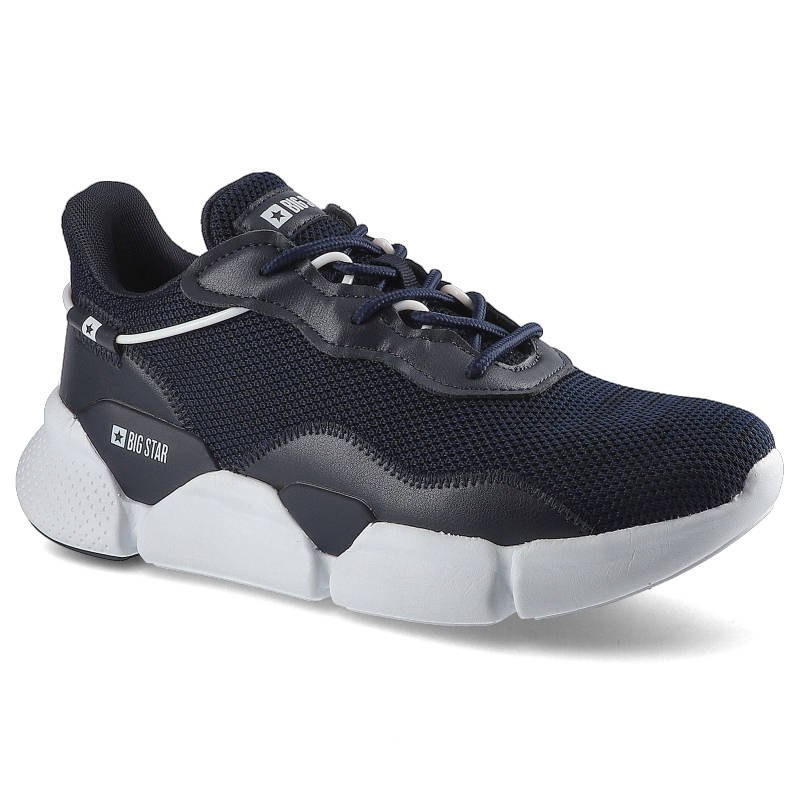 Sneakersy męskie Big Star, sznurowane z tekstylną cholewką wzmocnionymi panelami oraz grubą amortyzującą podeszwą, granat/biały, HH174286