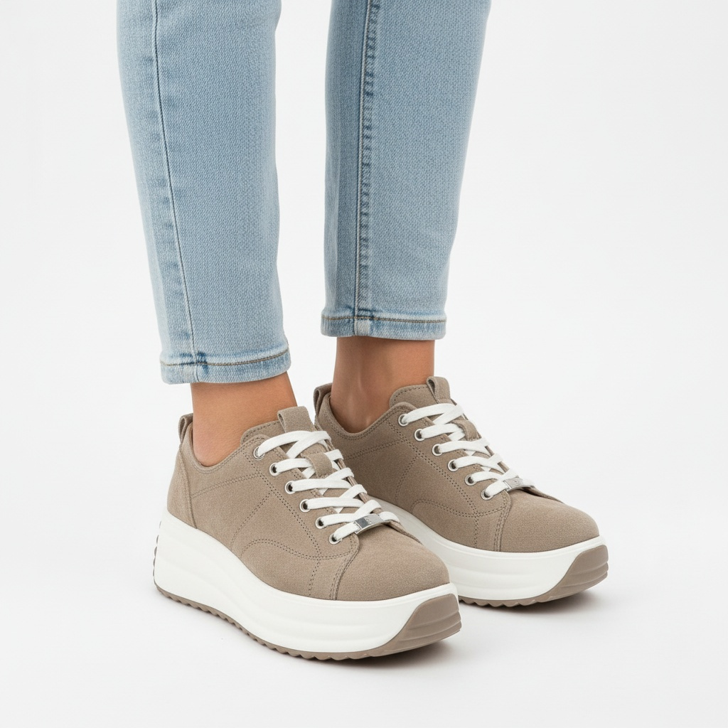 Sneakersy damskie Filippo, cholewka z naturalnej skóry zamszowej z klasycznym sznurowaniem i subtelnymi przeszyciami, masywna platforma o płynnej lin