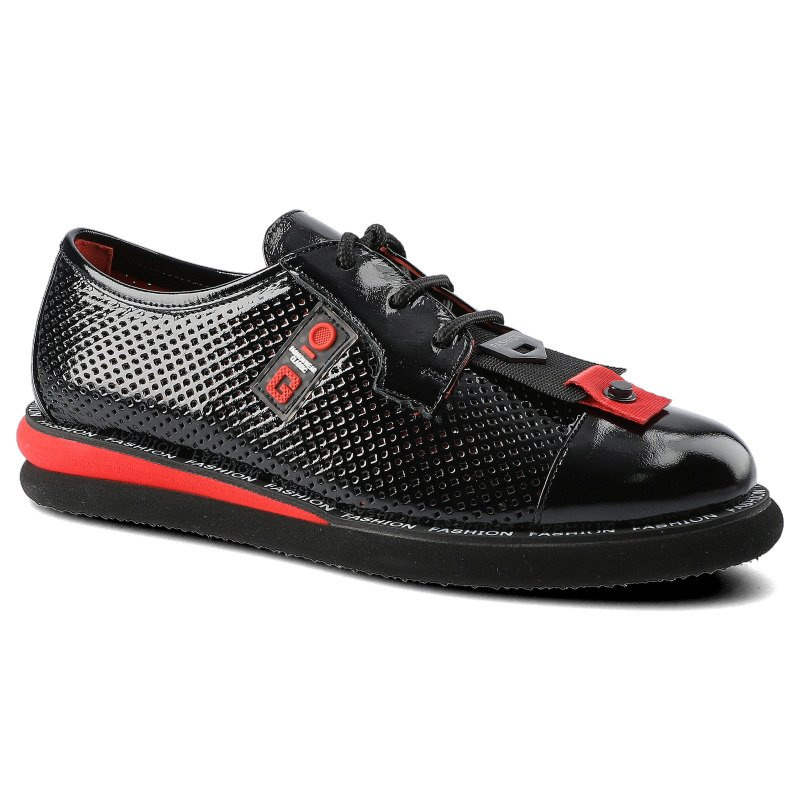 Półbuty damskie Lanqier, wykonane z materiału o gładkiej powierzchni z perforacjami z klasycznym sznurowaniem gumowym noskiem, czarne, 46C2340