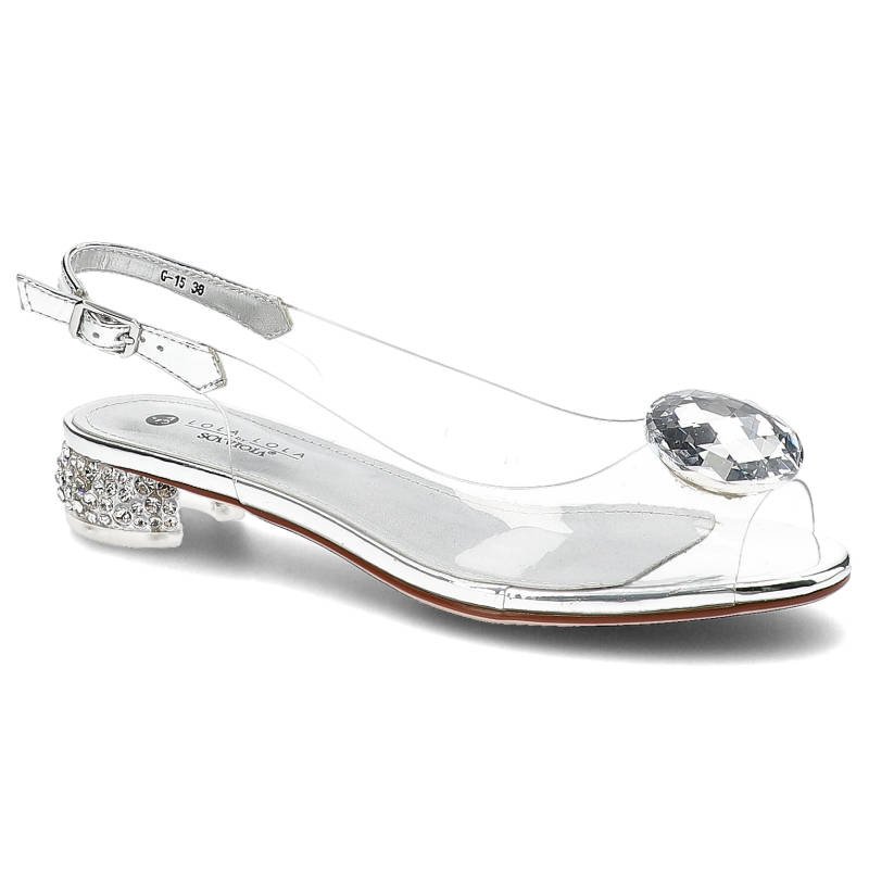 Sandały damskie Scaviola, z transparentnego tworzywa i skóry ekologicznej zapinane na klamerkę i z dekoracyjnym kryształem, srebrne, G-15