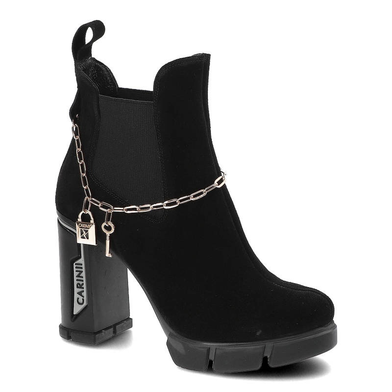 Botki damskie Carinii, eleganckie botki damskie na masywnym obcasie z ozdobnym łańcuchem, czarny, B8482_-H20-000-000-E36