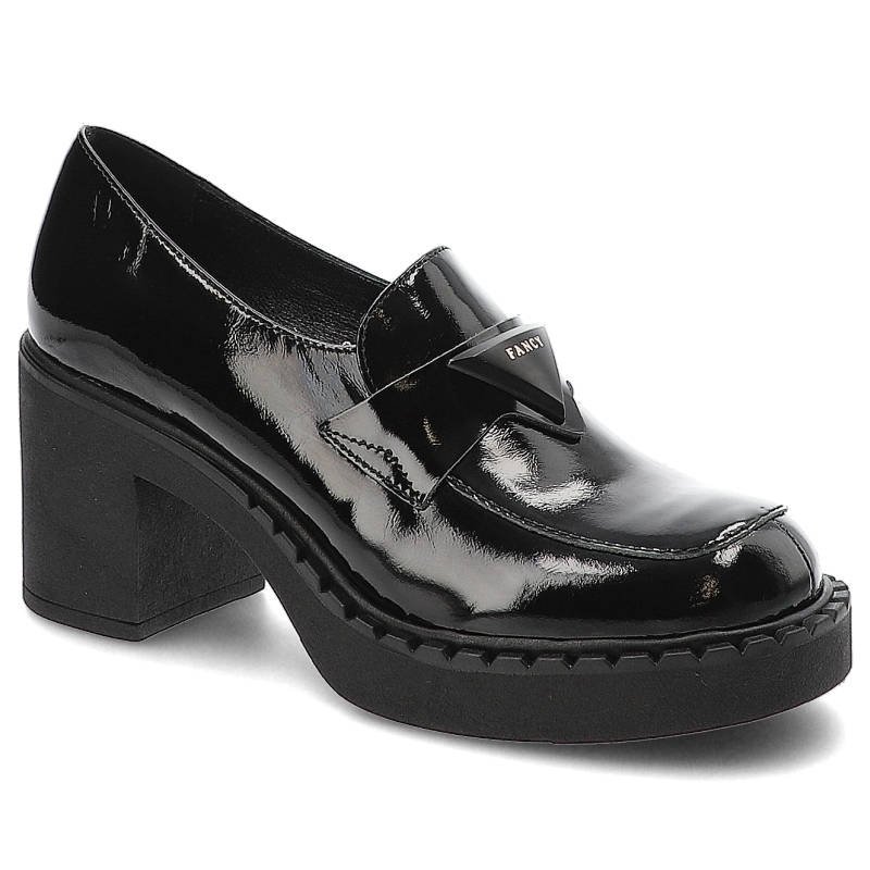 Półbuty damskie Lamanti, cholewka z lakierowanej skóry naturalnej z ozdobnym elementem na podbiciu gruby stabilny obcas oraz masywna podeszwa z wyraź