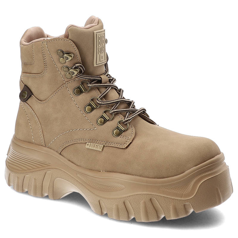 Botki damskie Big Star, ze skóry ekologicznej z wysoką cholewką klasycznym sznurowaniem na metalowych hakach, beżowe, KK274366