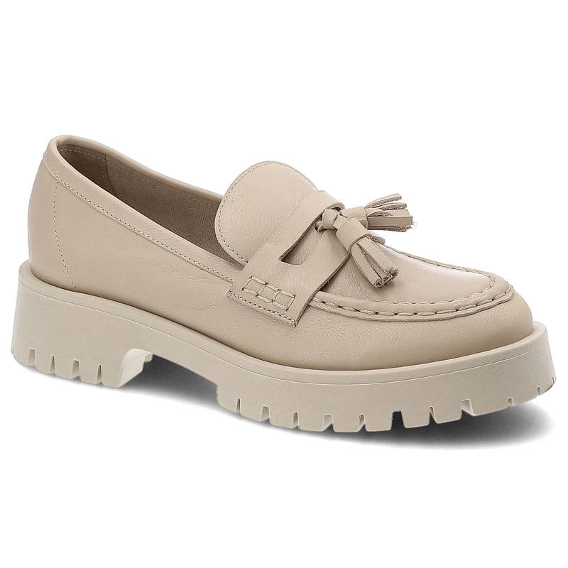 Mokasyny damskie Chebello, ze skóry naturalnej licowej z frędzlami na przodzie wsuwaną konstrukcją skórzaną wkładką , bezowy, 2821_-394-000-PSK-S173