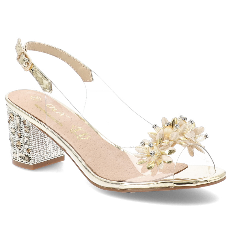 Sandały damskie S. Barski, z ozdobą na obcasie transparentne i eleganckie, złote, MR51-725