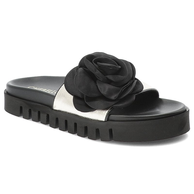 Klapki damskie Chebello, na platformie skórzane z ozdobnym kwiatem, złote, 4739-046