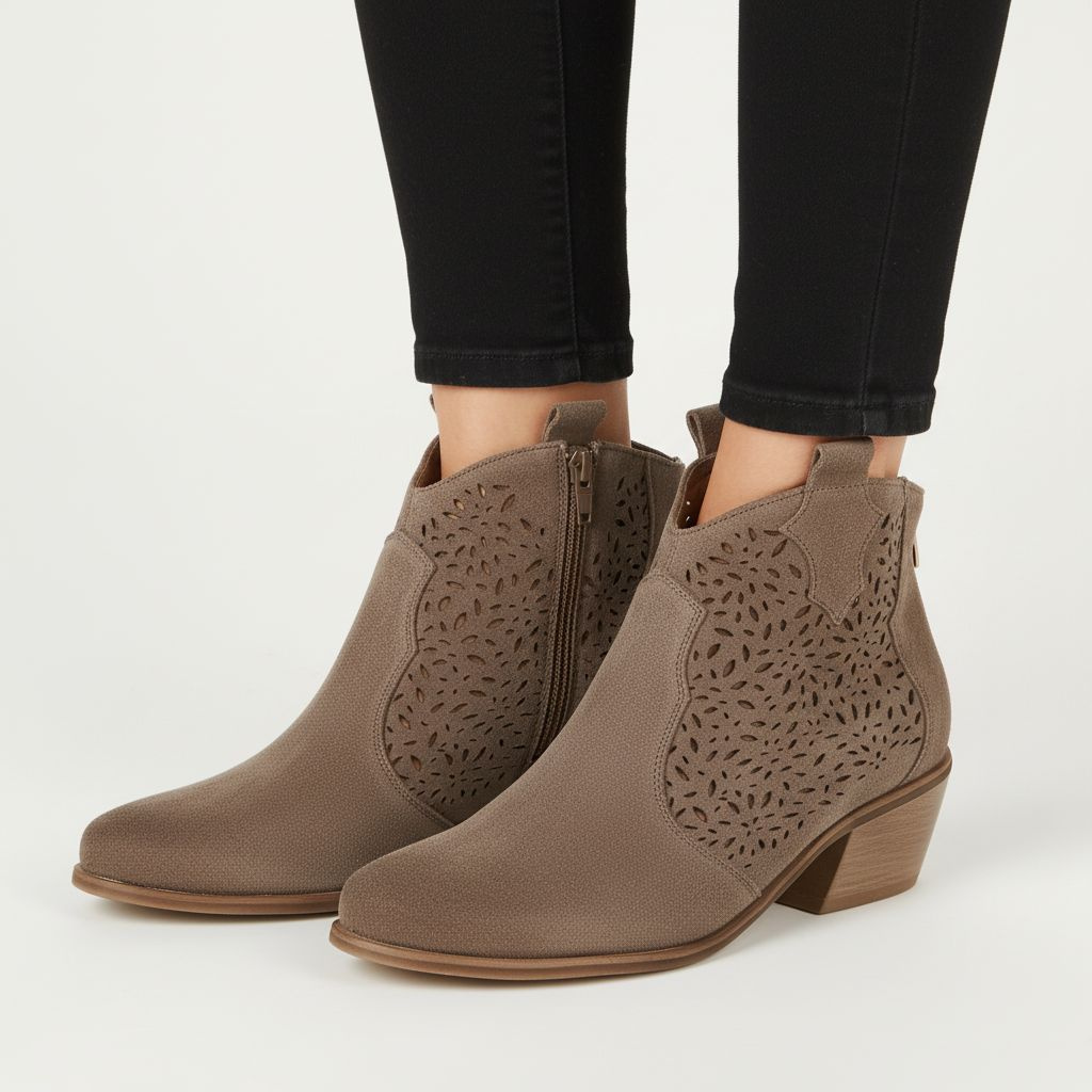 Botki damskie Armodo, cholewka ze skóry naturalnej o welurowym wykończeniu z ażurowymi wycięciami na bokach i bocznym suwakiem, brązowe, 1130