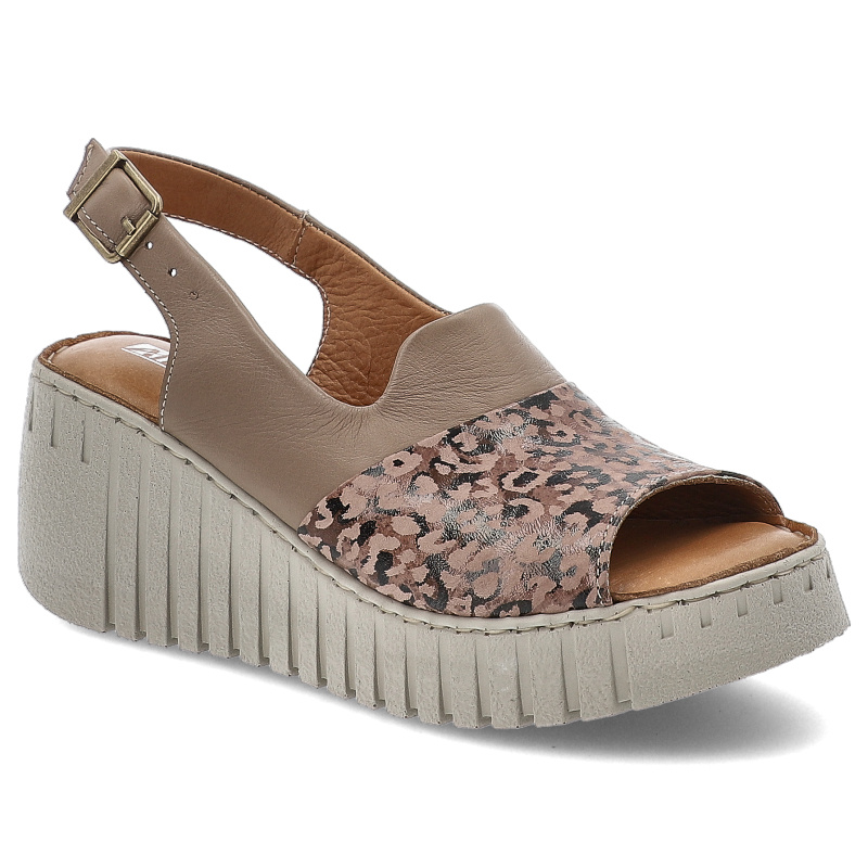 Sandały damskie Artiker, na koturnie skórzane z wzorkami na sprzączkę lekkie, szare, 56C0959