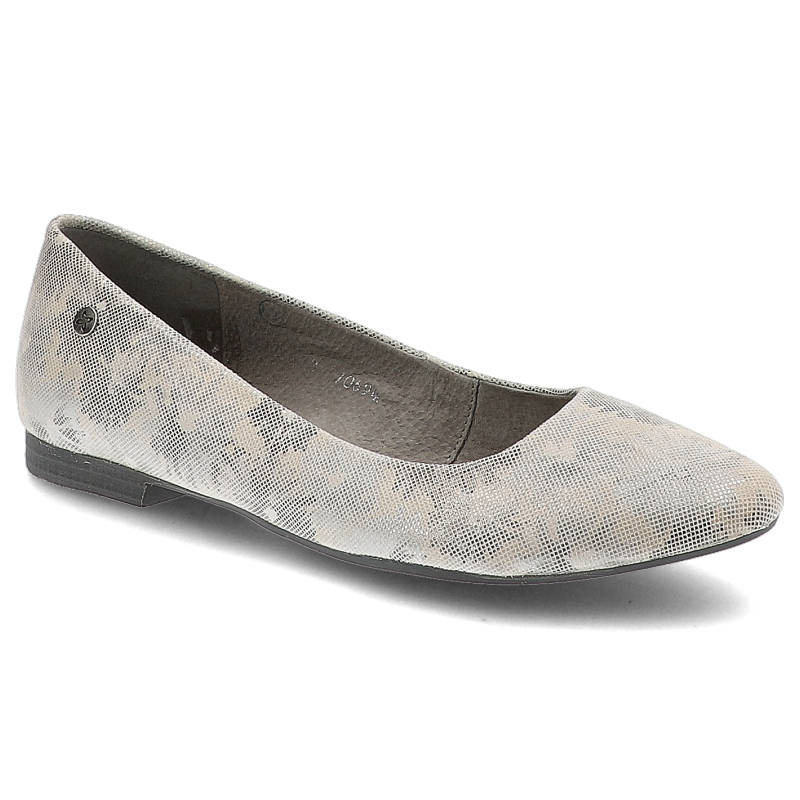 Baleriny damskie Maciejka, wsuwane ze skóry licowej we wzory natury z płaską podeszwą, popielate w kwiaty, 00873-03-00-5