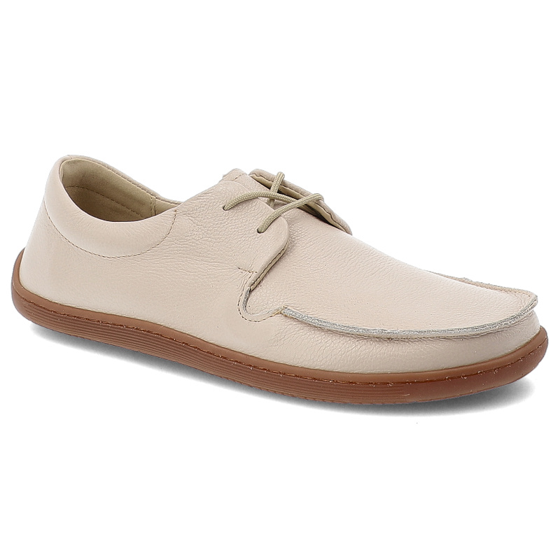 Półbuty damskie barefoot Armodo, licowe z miękkimi wkładkami i sznurowane na płaskiej podeszwie, beżowe groch, 327