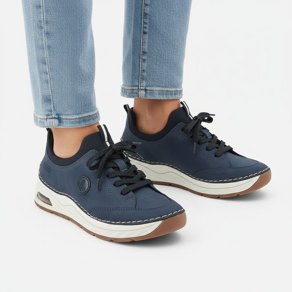 Półbuty damskie Rieker, cholewka ze skóry ekologicznej gładkiej klasyczne wsuwane lekka sportowa forma amortyzowana podeszwa, niebieskie, 44562-14