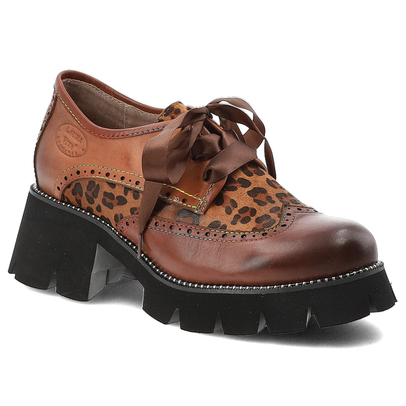 Półbuty damskie Laura Vita, na masywnym obcasie ze skóry i w panterkę sznurowane, camel, SO7005-66