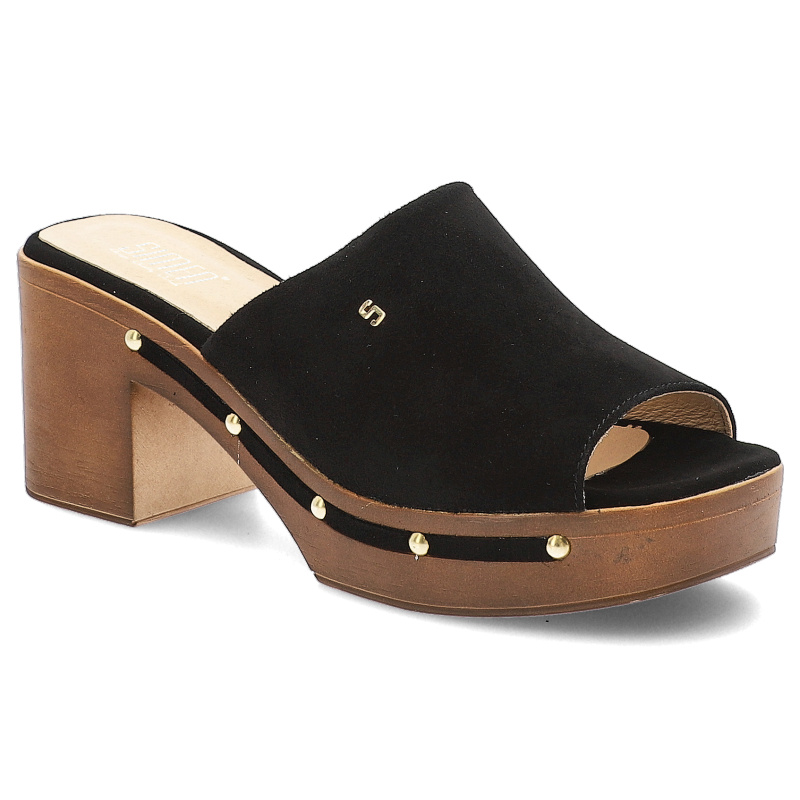 Klapki damskie Simen, na klocku skórzane z ozdobami eleganckie, czarne, 6844A-K-W