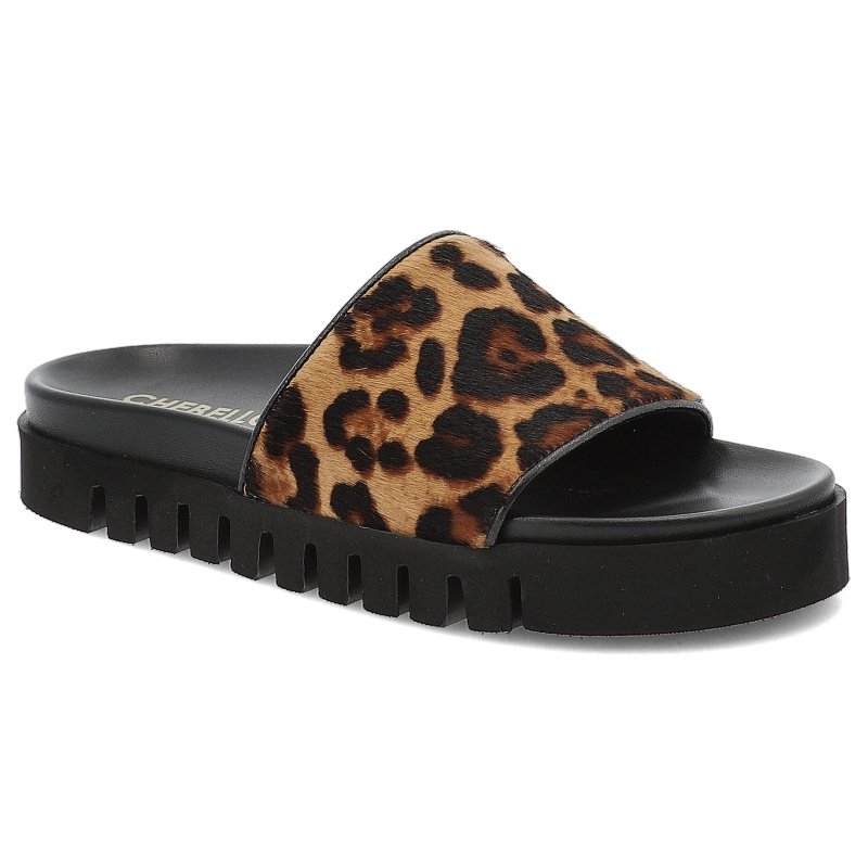 Klapki damskie Chebello, ze skóry naturalnej na grubej platformie w panterkę, brązowe, 4685-525